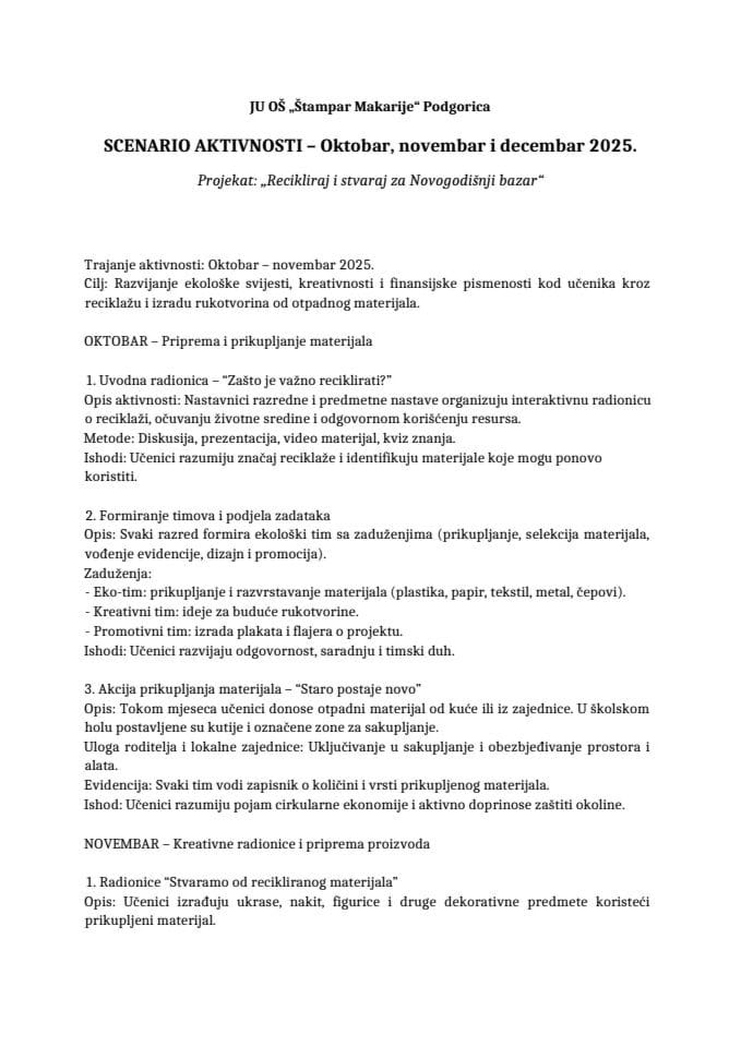 Scenario aktivnosti JU OŠ „Štampar Makarije“, Podgorica