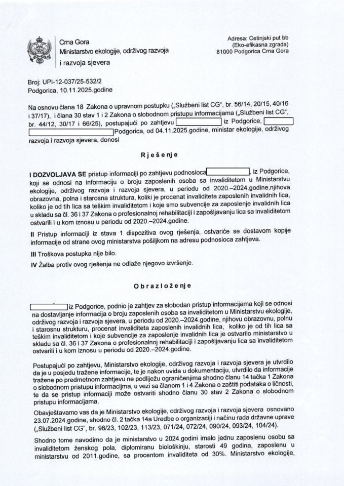 Рјешења - Слободан приступ информацијама - Рјесење по захтјеву СПИ-МАНС УПИ 12-037-25-532-2