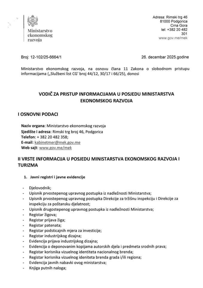 Vodič za pristup informacijama u posjedu Ministarstva ekonomskog razvoja 2025.godina