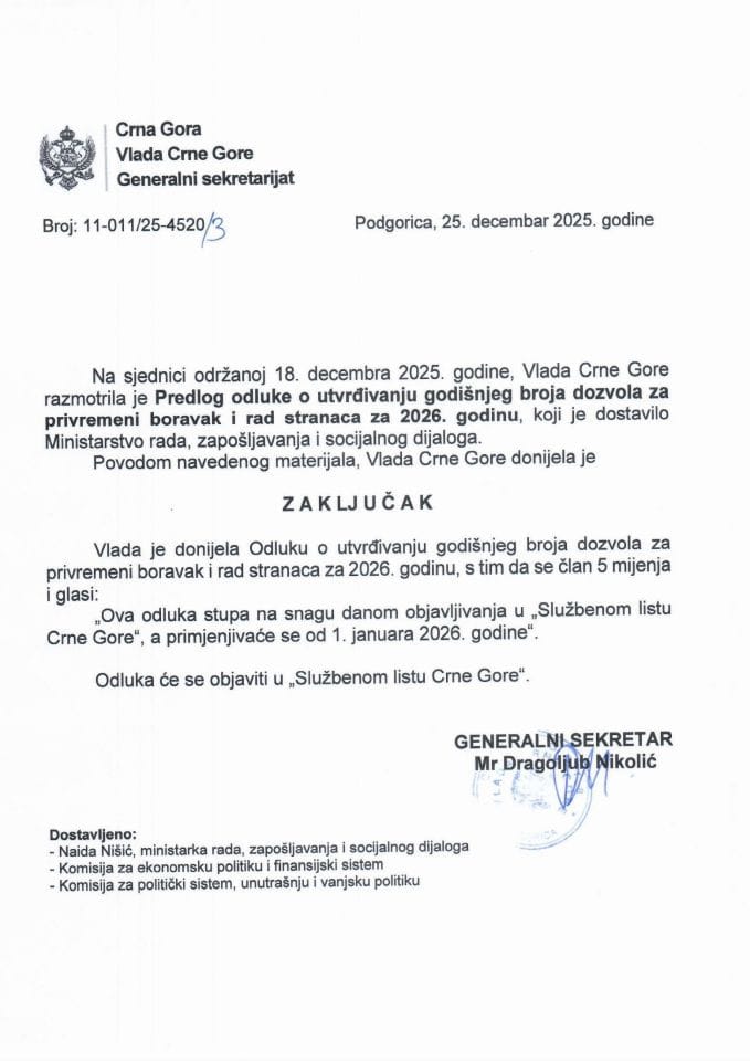 Predlog odluke o utvrđivanju godišnjeg broja dozvola za privremeni boravak i rad stranaca za 2026. godinu - zaključci