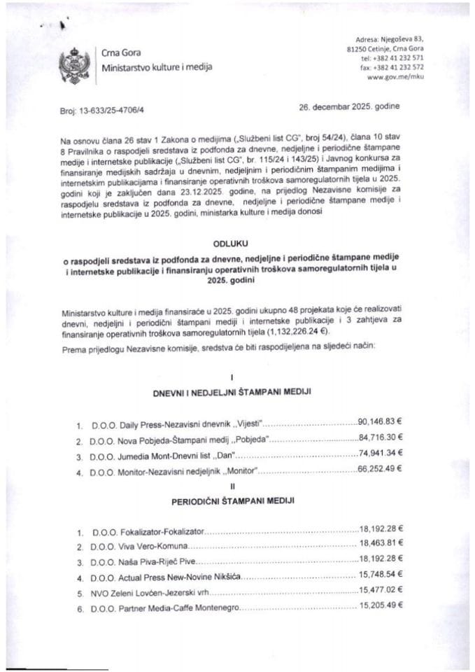 Одлука - Конкурс медији 2025.