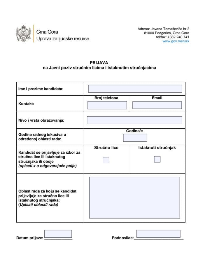 OBRAZAC ZA PRIJAVU NA JAVNI POZIV za istaknute stručnjake 26.12.2025 V1