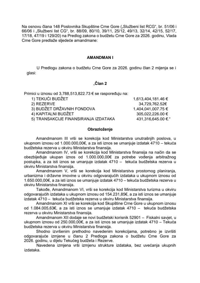 Predlog amandmana na Predlog zakona o budžetu Crne Gore za 2026. godinu