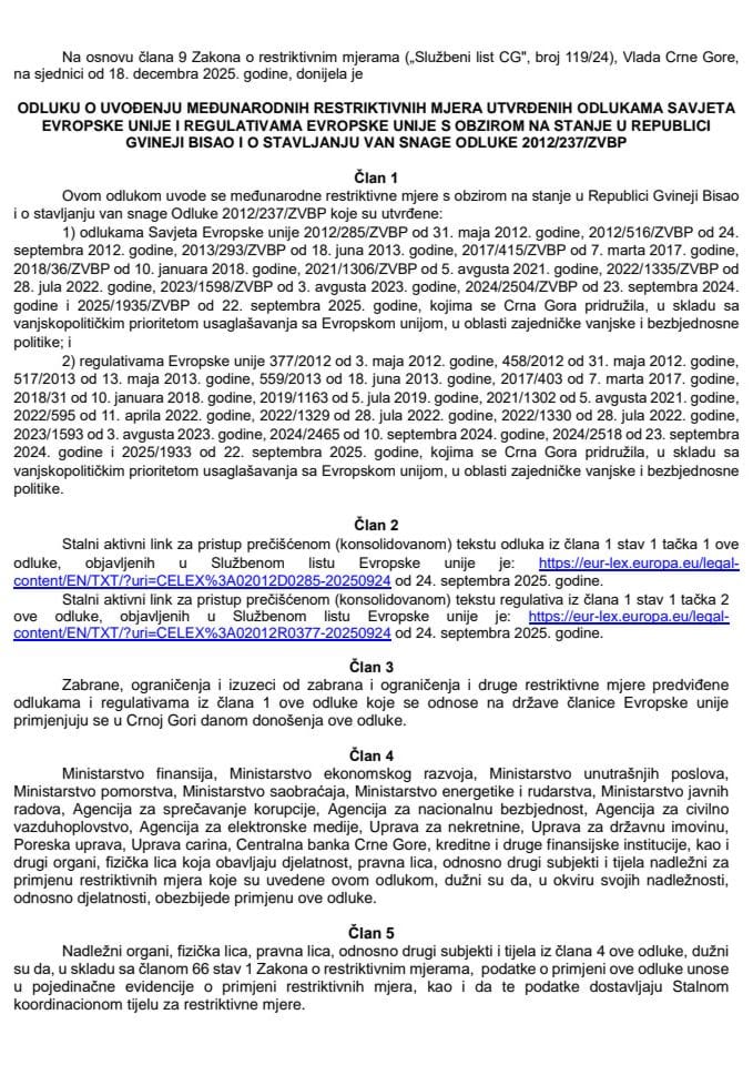 Одлука о увођењу рестриктивних мјера ЕУ – с обзиром на стање у Републици Гвинеји Бисао – превод одлуке и регулативе