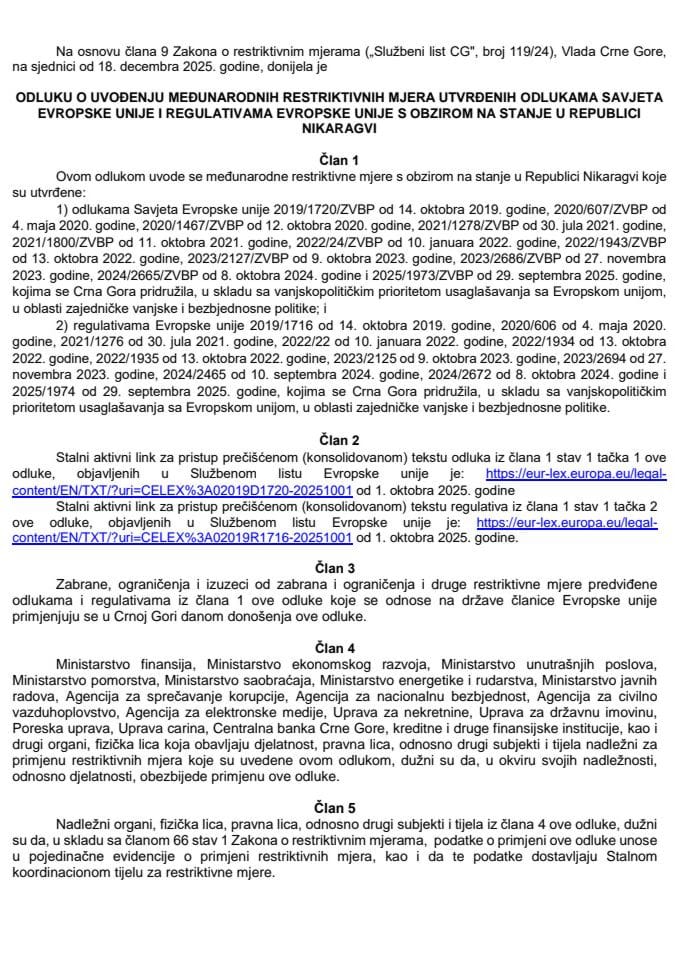Одлука о увођењу рестриктивних мјера ЕУ – с обзиром на стање у Републици Никарагви – превод одлуке и регулативе