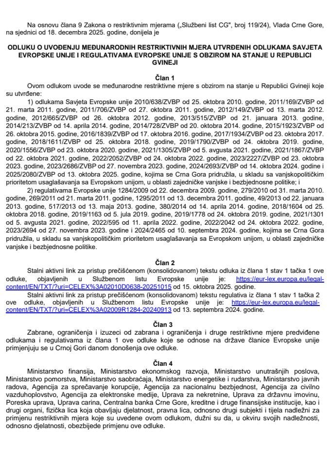 Одлука о увођењу рестриктивних мјера ЕУ – с обзиром на стање у Републици Гвинеји – превод одлуке и регулативе