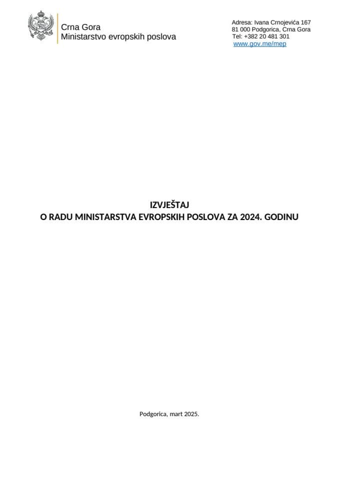 Izvještaj o radu Ministarstva evropskih poslova za 2024.godinu