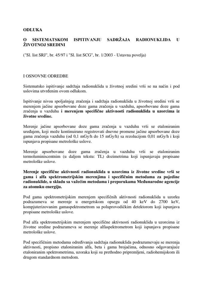 Odluka o sistematskom ispitivanju sadržaja radionuklida u životnoj sredini