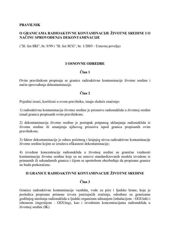Pravilnik o granicama radioaktivne kontaminacije životne sredine i o načinu sprovođenja dekontaminacije