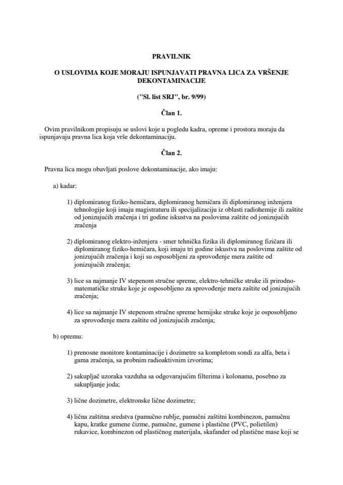 Pravilnik o uslovima koje moraju ispunjavati pravna lica za vršenje dekontaminacije