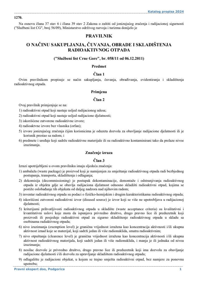 Pravilnik o načinu sakupljanja, čuvanja, obrade i skladištenja radioaktivnog otpada