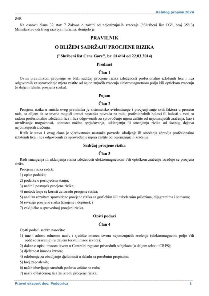 Pravilnik o bližem sadržaju procjene rizika