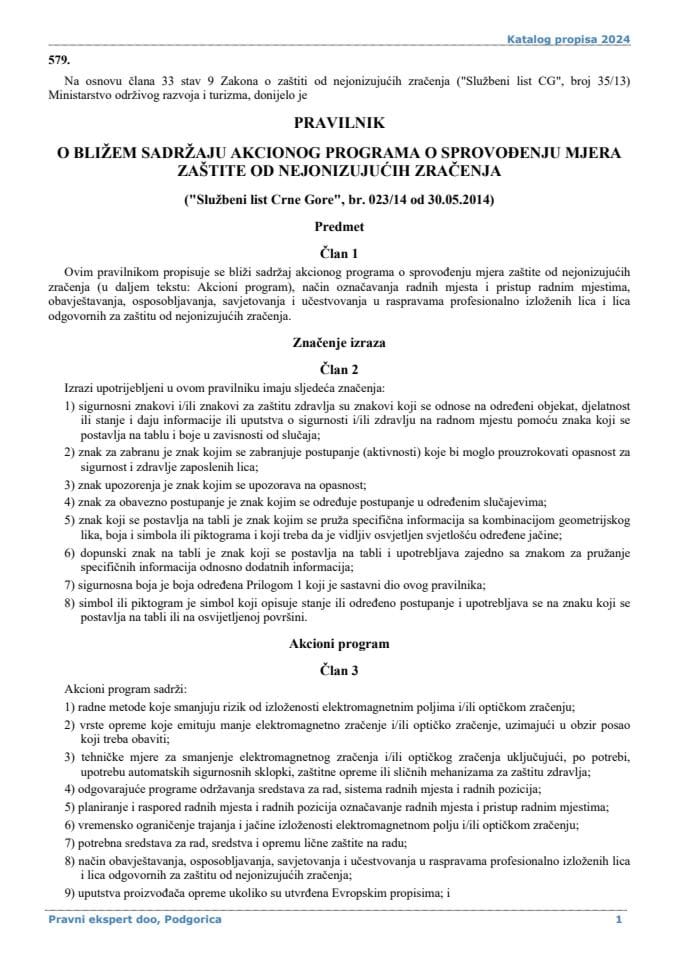 Pravilnik o bližem sadržaju Akcionog programa o sprovođenju mjera zaštite od nejonizujućih zračenja