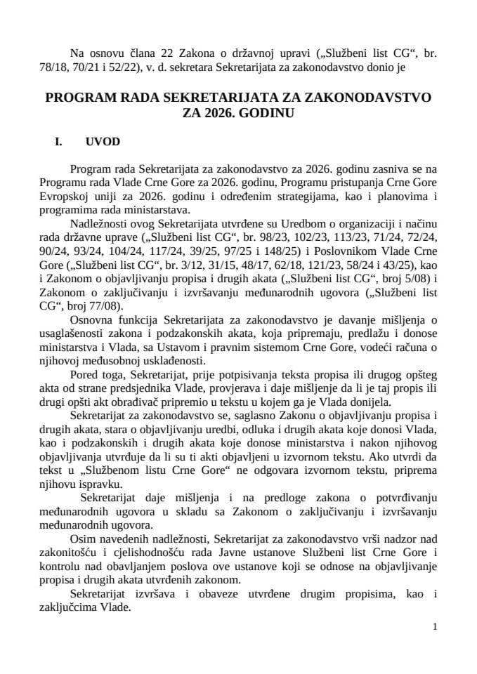 Program rada Sekretarijata za zakonodavstvo za 2026. godinu