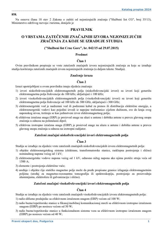 Pravilnik o vrstama zatečenih značajnih izvora nejonizujućih zračenja za koje se izrađuje studija