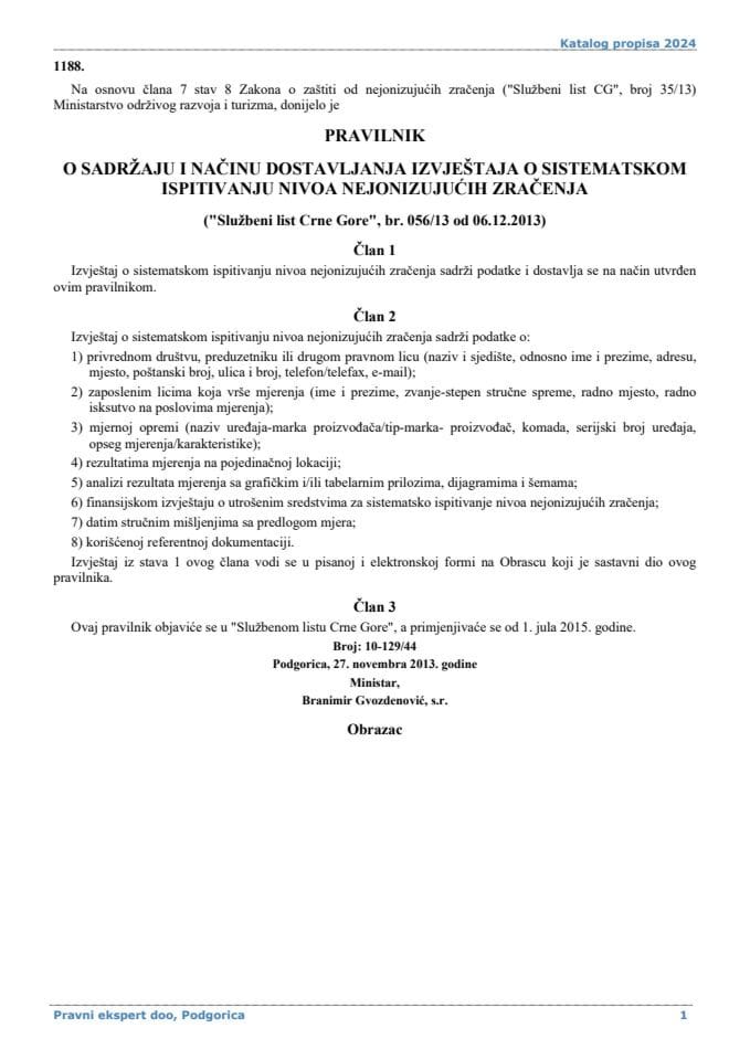 Pravilnik o sadržaju i načinu dostavljanja izvještaja o sistematskom ispitivanju nivoa nejonizujućih zračenja