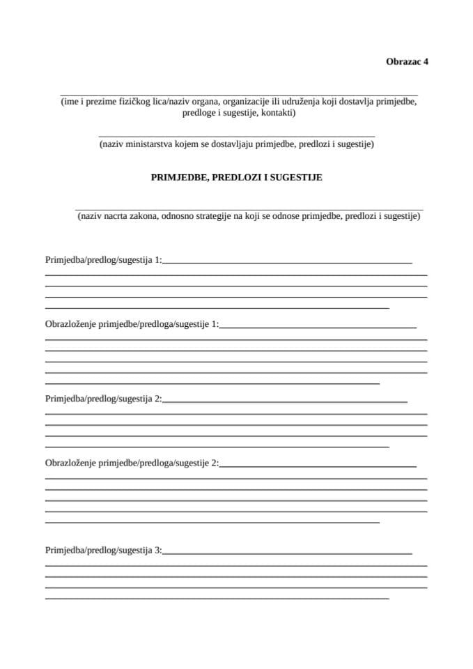 Obrazac 4 Javna rasprava predlozi primjedbe i sugestije nacrt Zakona eFTI