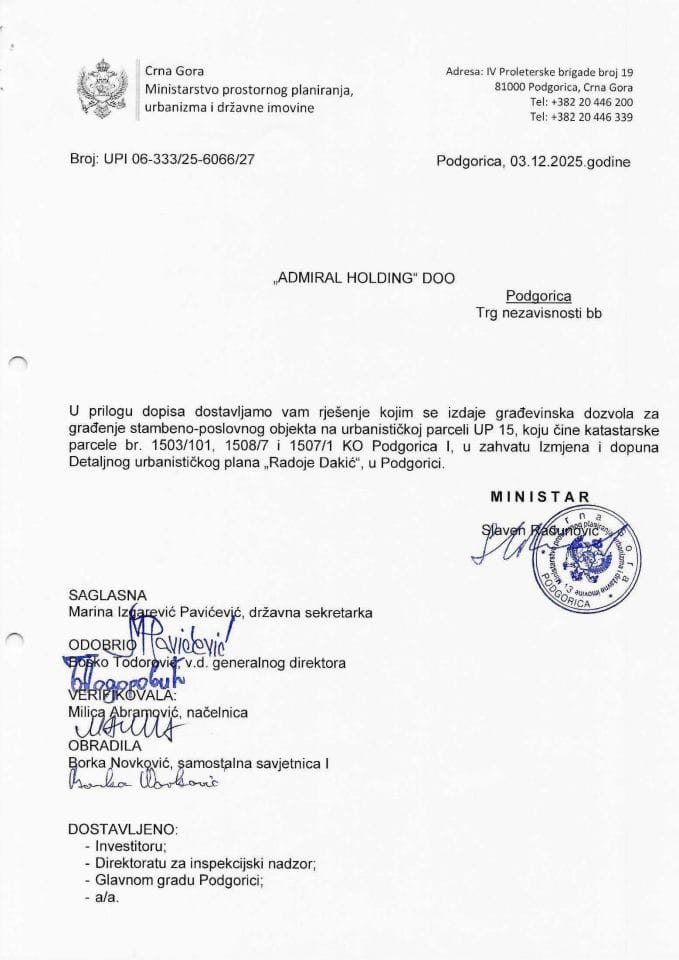 Издате грађевинске дозволе - УПИ 06_333_25_6066_27 Адмирал Холдинг ДОО