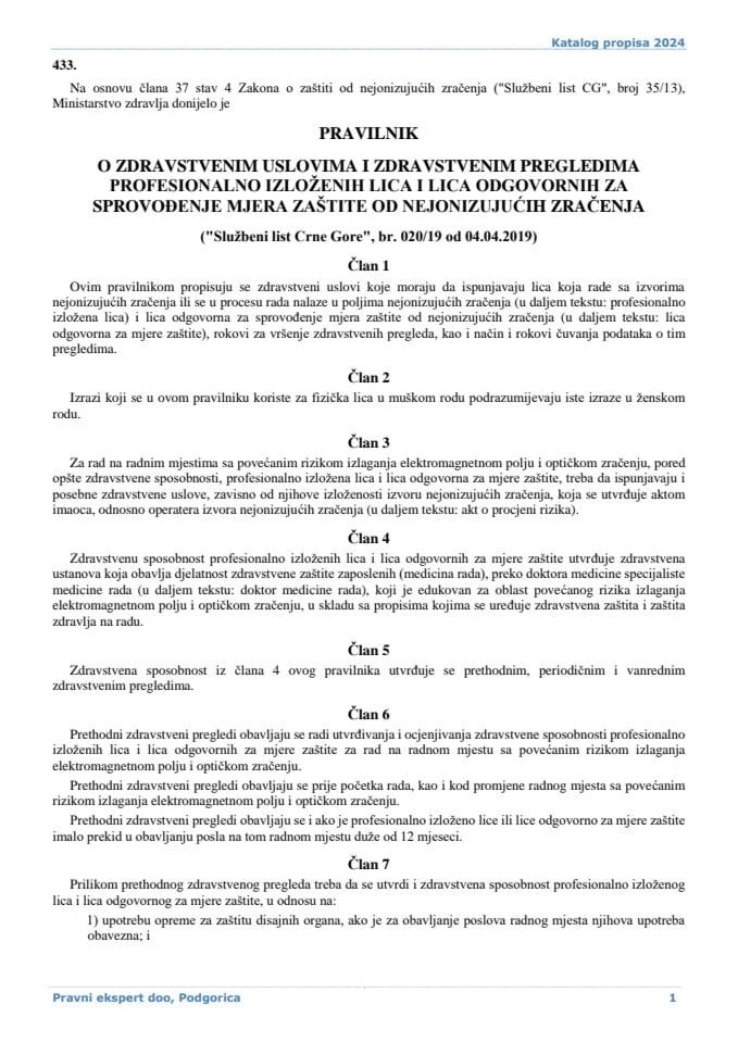 Pravilnik o zdravstvenim uslovima i zdravstvenim pregledima profesionalno izloženih lica i lica odgovornih za sprovođenje mjera zaštite