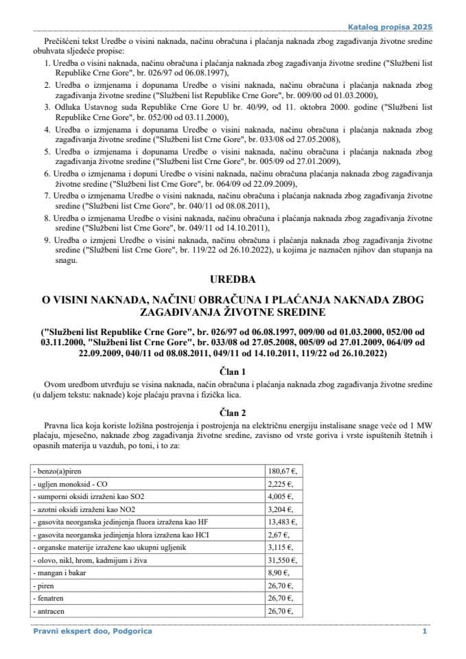Uredba o visini naknada načinu obračuna i plaćanja naknada zbog zagadjivanja životne sredine