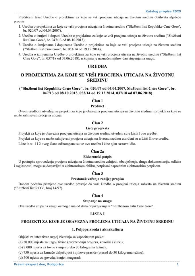 Uredba o projektima za koje se vrši procjena uticaja na životnu sredinu