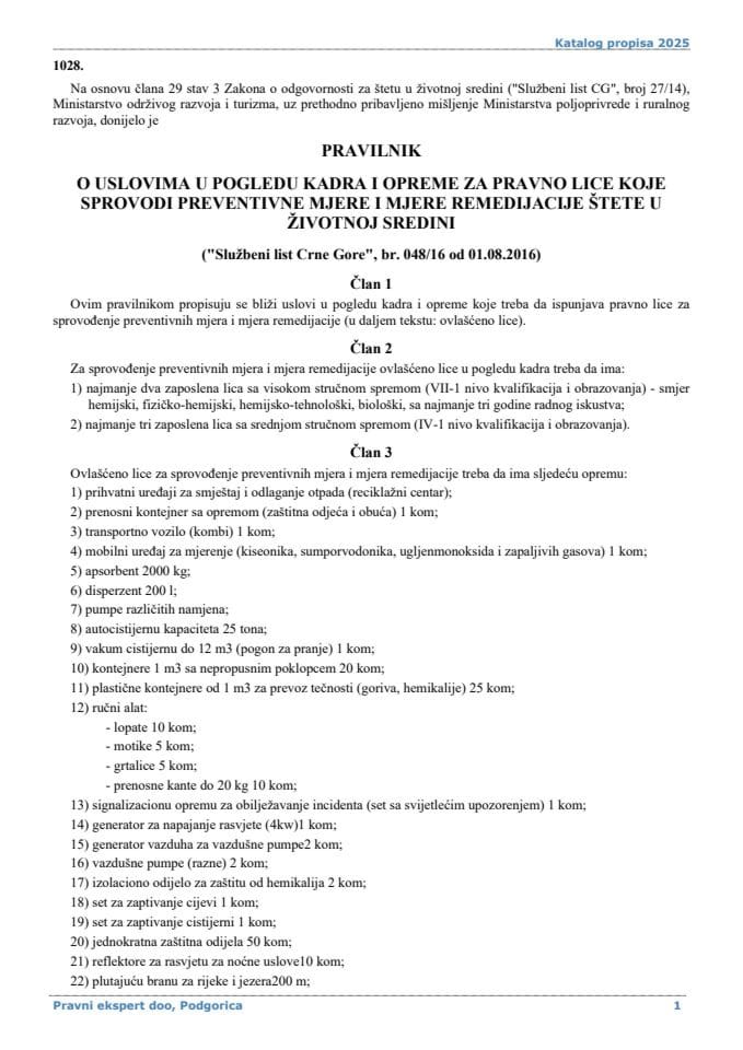 Pravilnik o uslovima u pogledu kadra i opreme za pravno lice koje sprovodi preventivne mjere i mjere remedijacije štete u životnoj sredini