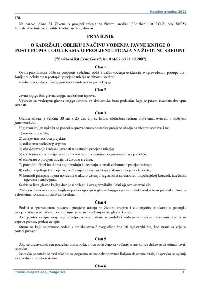 Pravilnik o sadržaju obliku i načinu vođenja javne knjige o postupcima i odlukama o procjeni uticaja na životnu sredinu