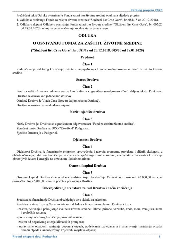 Odluka o osnivanju Fonda za zaštitu životne sredine