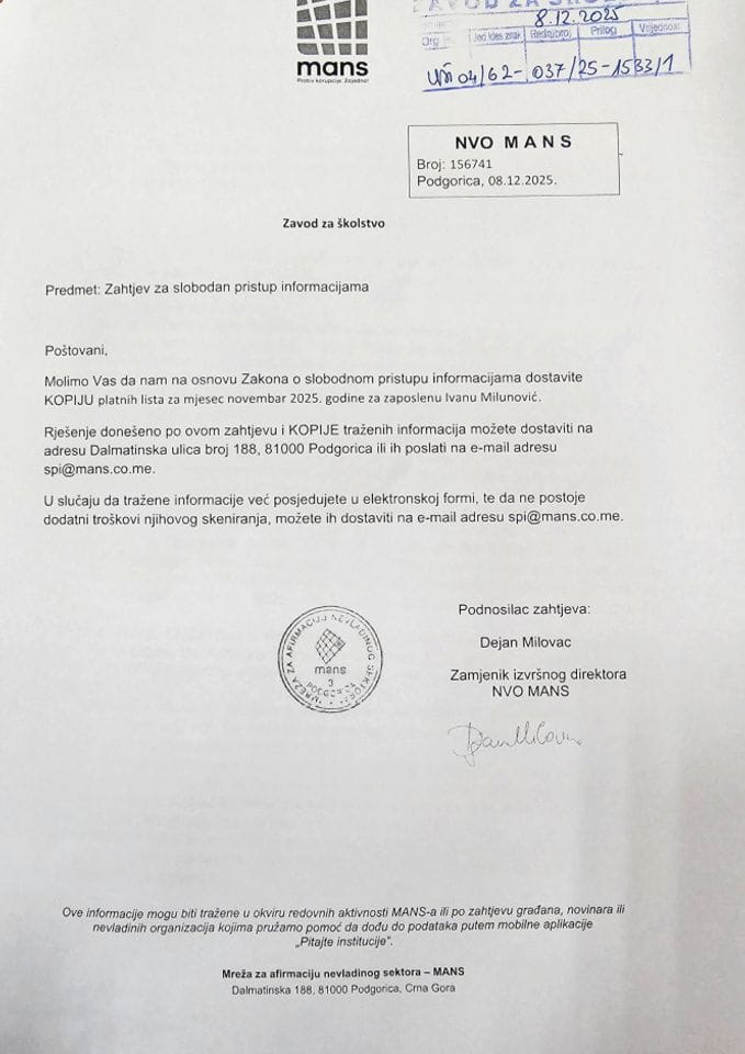 Zahtjev NVO "MANS" 08.12.2025.