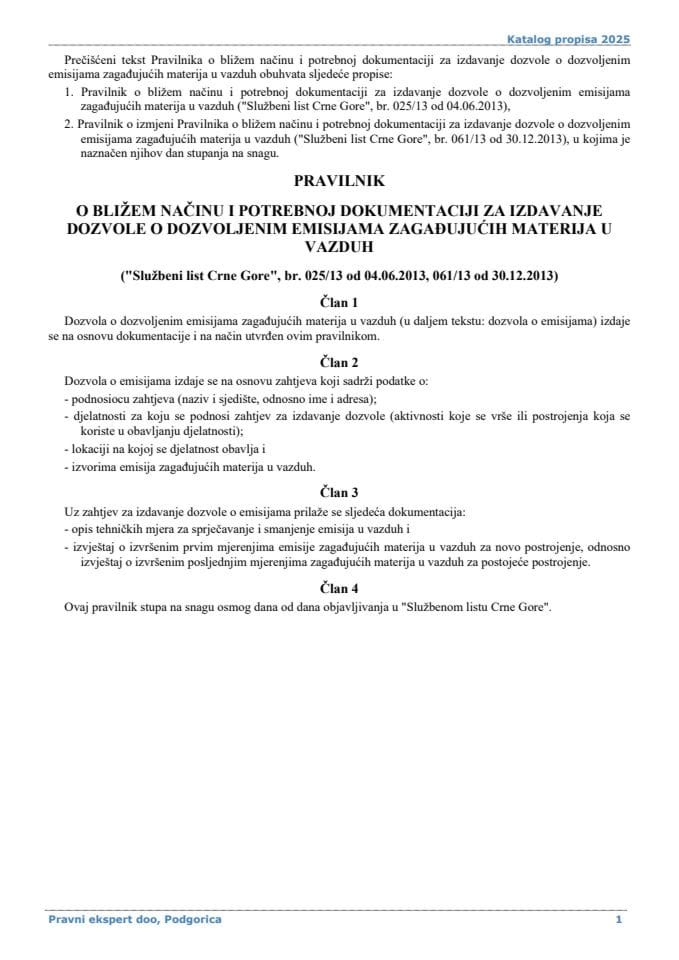Pravilnik o bližem načinu i potrebnoj dokumentaciji za izdavanje dozvole o dozvoljenim emisijama zagađujućih materija u vazduh