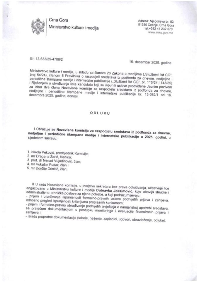 Odluka o formiranju Nezavisne komisije