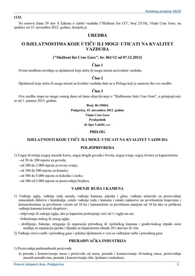 Uredba o djelatnostima koje utiču ili mogu uticati na kvalitet vazduha