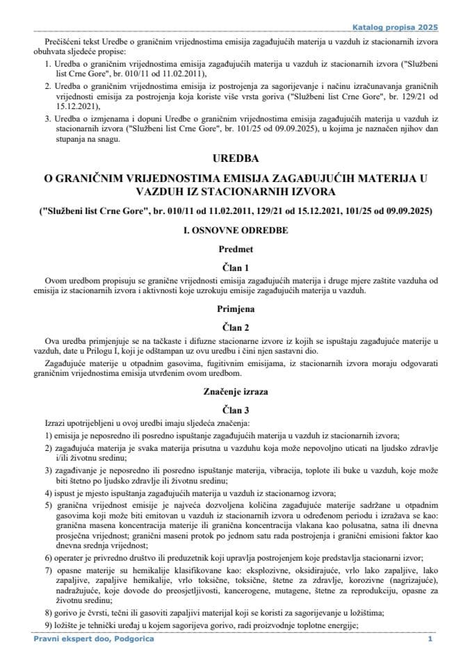 Uredba o graničnim vrijednostima emisija zagađujucih materija u vazduh iz stacionarnih izvora