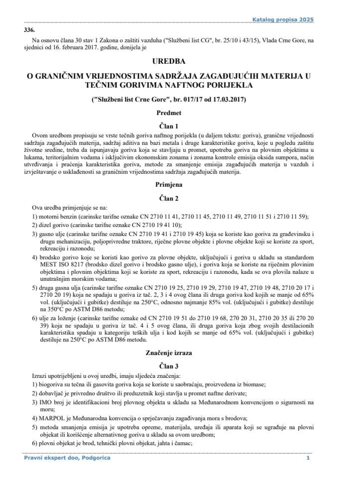 Uredba o graničnim vrijednostima sadržaja zagađujućih materija u tečnim gorivima naftnog porijekla