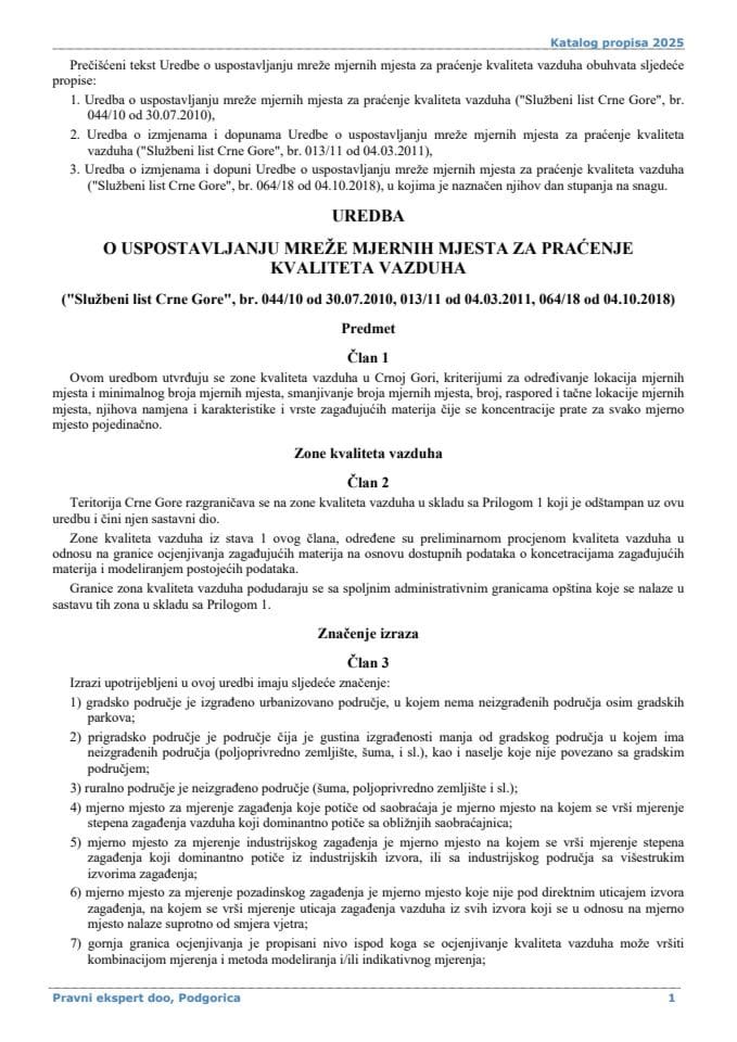 Uredba o uspostavljanju mreže mjernih mjesta za praćenje kvaliteta vazduha