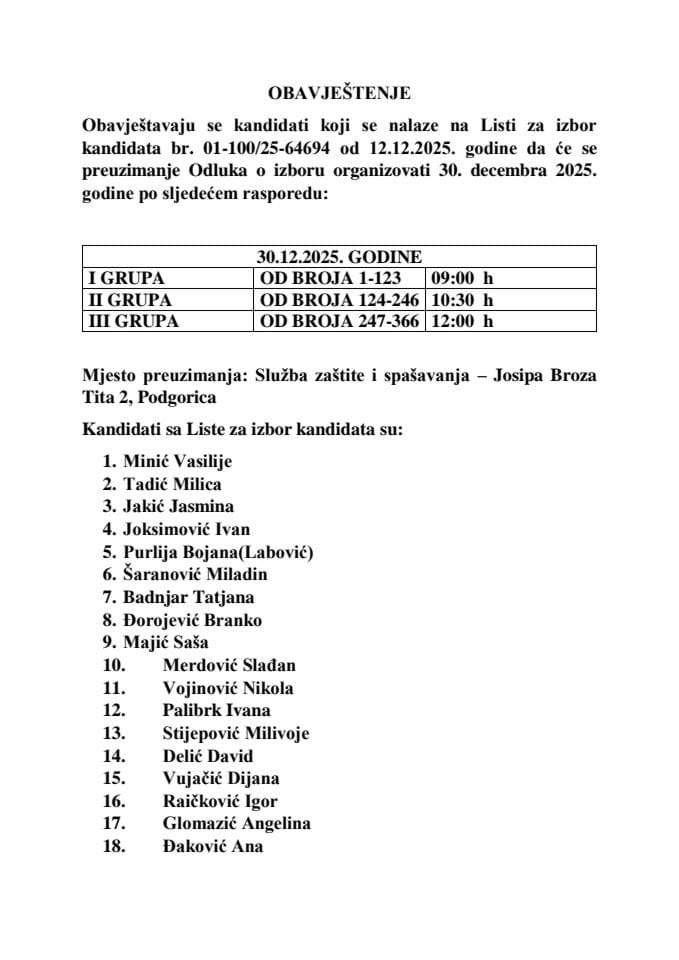 Obavještenje kandidatima koji se nalaze na Listi za izbor kandidata 01-10025-64694 od 12.12.2025. godine