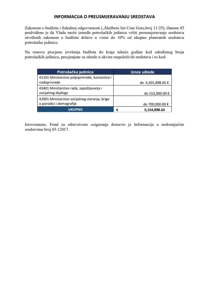 Informacija o preusmjeravanju sredstava