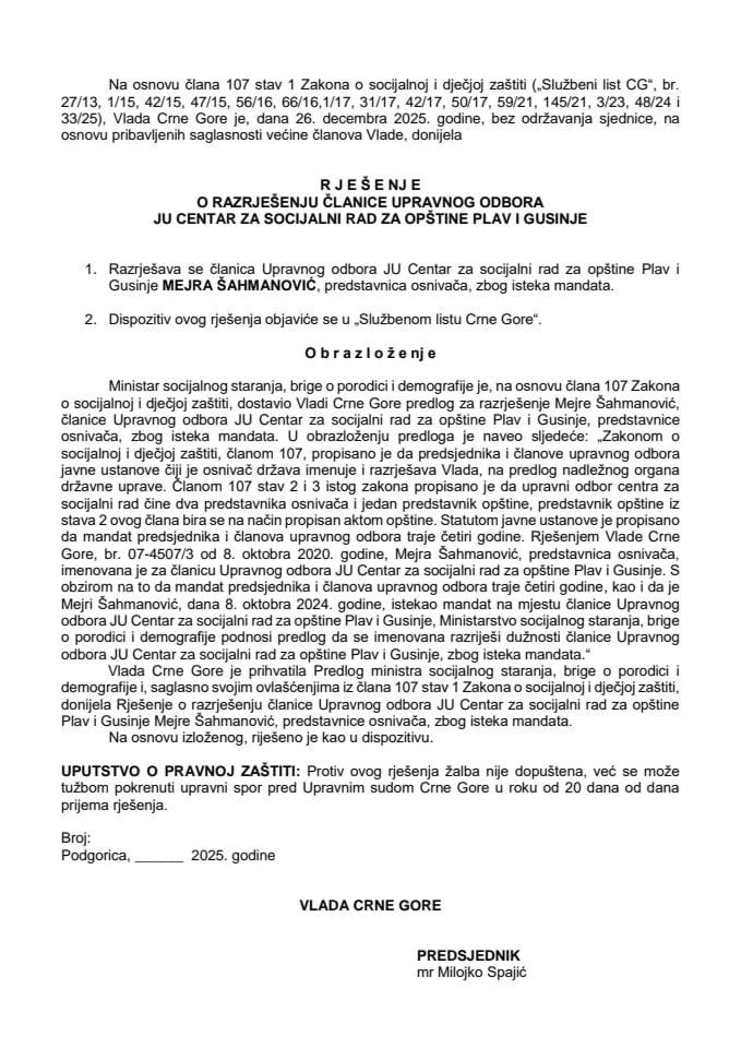 Predlog za razrješenje članice Upravnog odbora Javne ustanove Centar za socijalni rad za opštine Plav i Gusinje