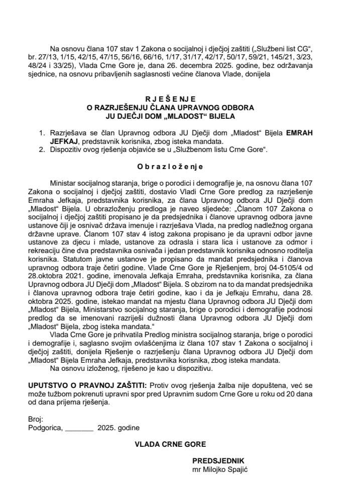 Predlog za razrješenje člana Upravnog odbora Javne ustanove Dječji dom „Mladost“ Bijela