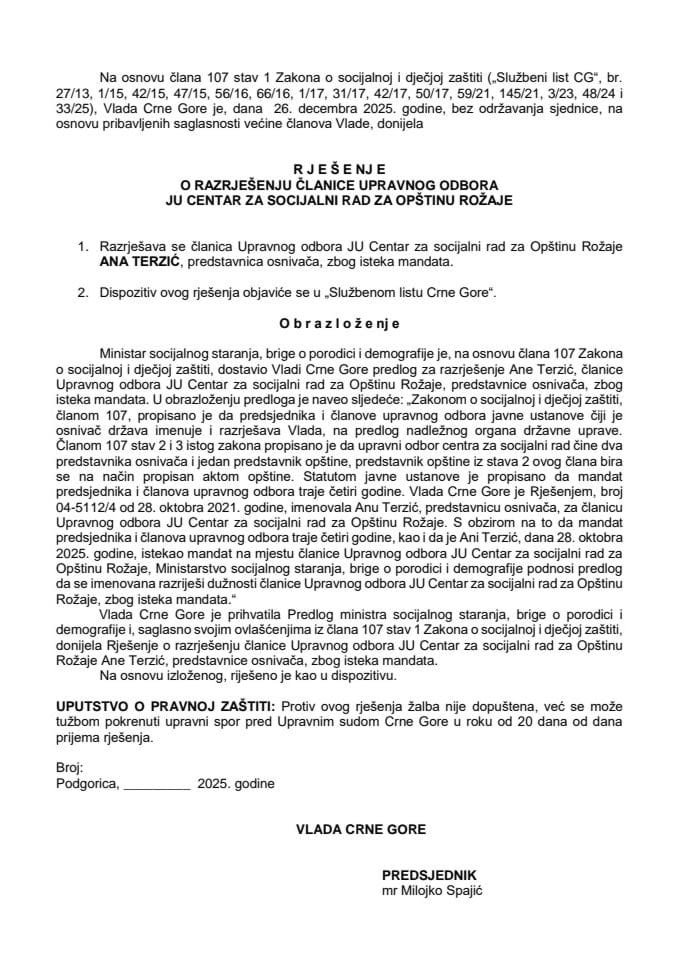 Predlog za razrješenje članice Upravnog odbora Javne ustanove Centar za socijalni rad za Opštinu Rožaje