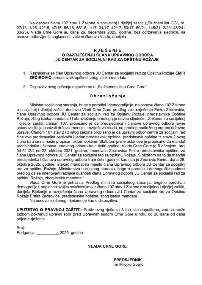 Predlog za razrješenje člana Upravnog odbora Javne ustanove Centar za socijalni rad za Opštinu Rožaje