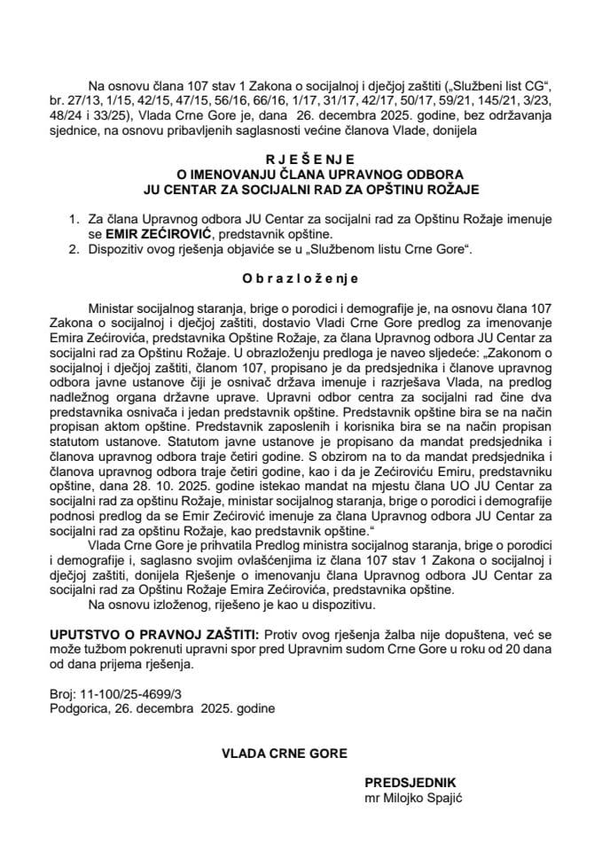 Predlog za imenovanje člana Upravnog odbora Javne ustanove Centar za socijalni rad za Opštinu Rožaje