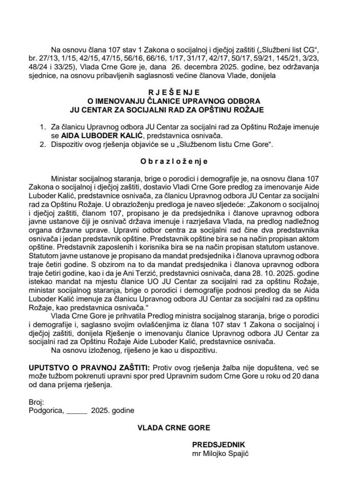 Predlog za imenovanje članice Upravnog odbora Javne ustanove Centar za socijalni rad za Opštinu Rožaje