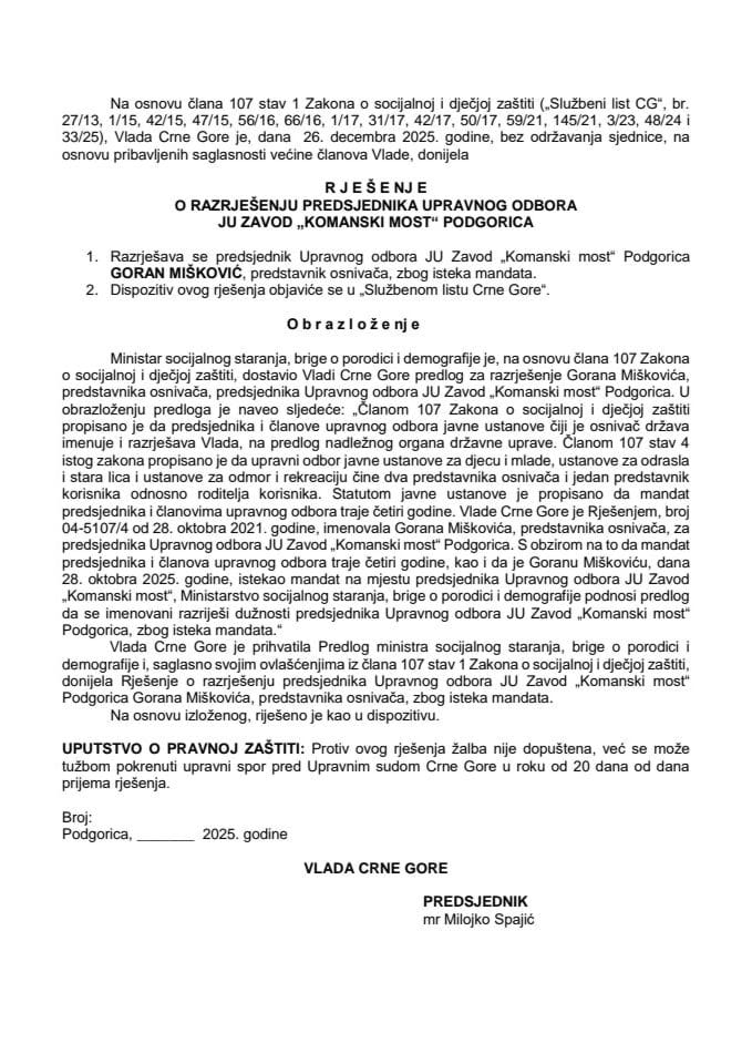 Predlog za razrješenje predsjednika Upravnog odbora Javne ustanove Komanski most