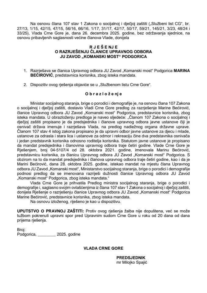 Predlog za razrješenje članice Upravnog odbora Javne ustanove Komanski most
