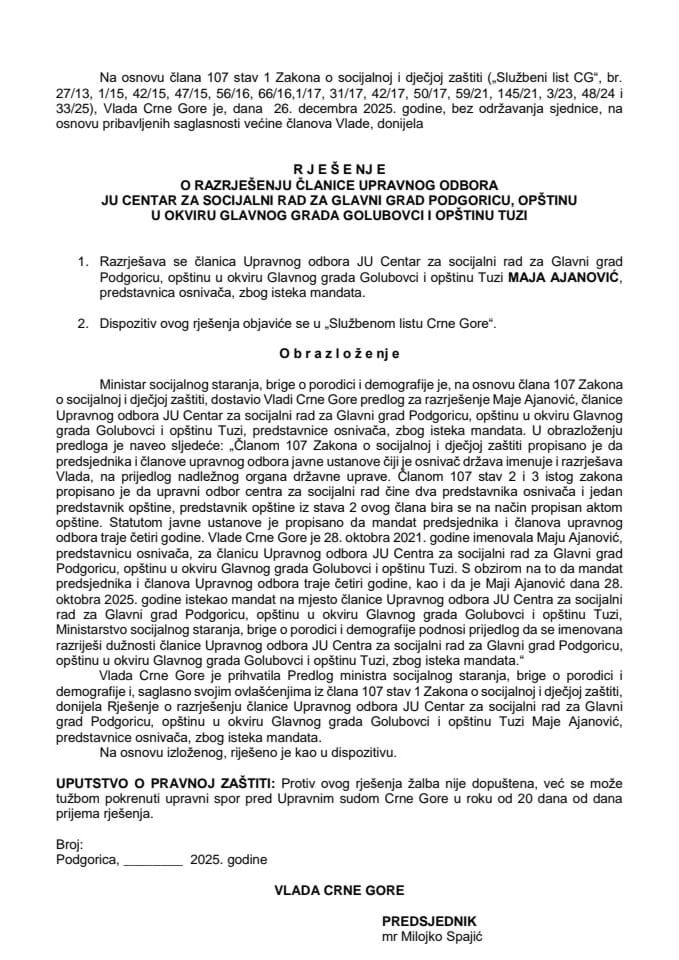 Predlog za razrješenje članice Upravnog odbora JU Centar za socijalni rad za Glavni grad Podgorica, opštinu u okviru Glavnog grada Golubovci i opštinu Tuzi
