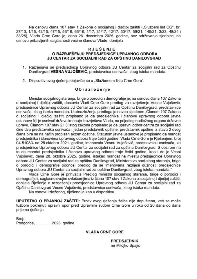 Predlog za razrješenje predsjednice Upravnog odbora JU Centar za socijalni rad za Opštinu Danilovgrad