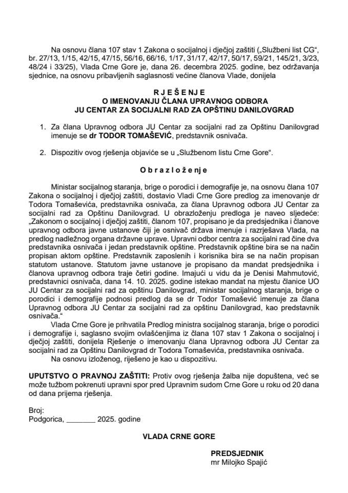 Predlog za imenovanje člana Upravnog odbora JU Centar za socijalni rad za opštinu Danilovgrad