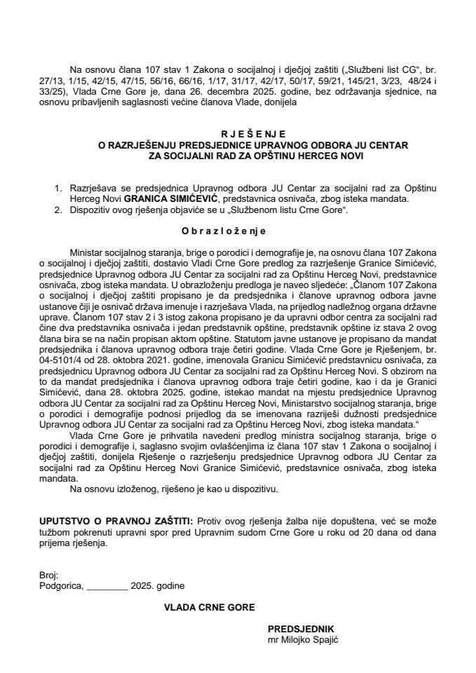 Predlog za razrješenje predsjednice Upravnog odbora JU Centar  za socijalni rad za Opštinu Herceg Novi