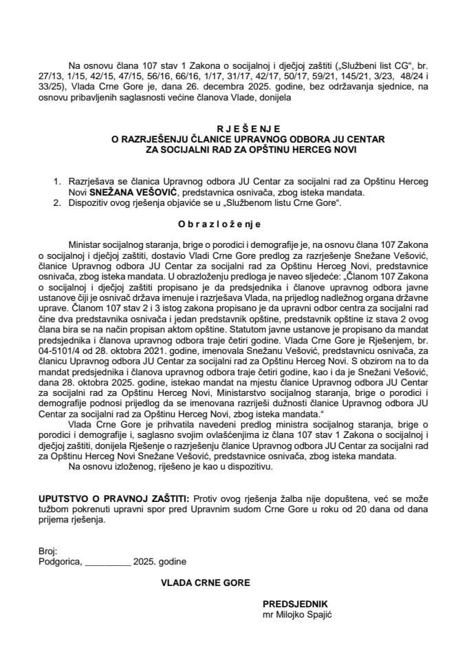 Predlog za razrješenje članice Upravnog odbora JU Centar za socijalni rad za Opštinu Herceg Novi